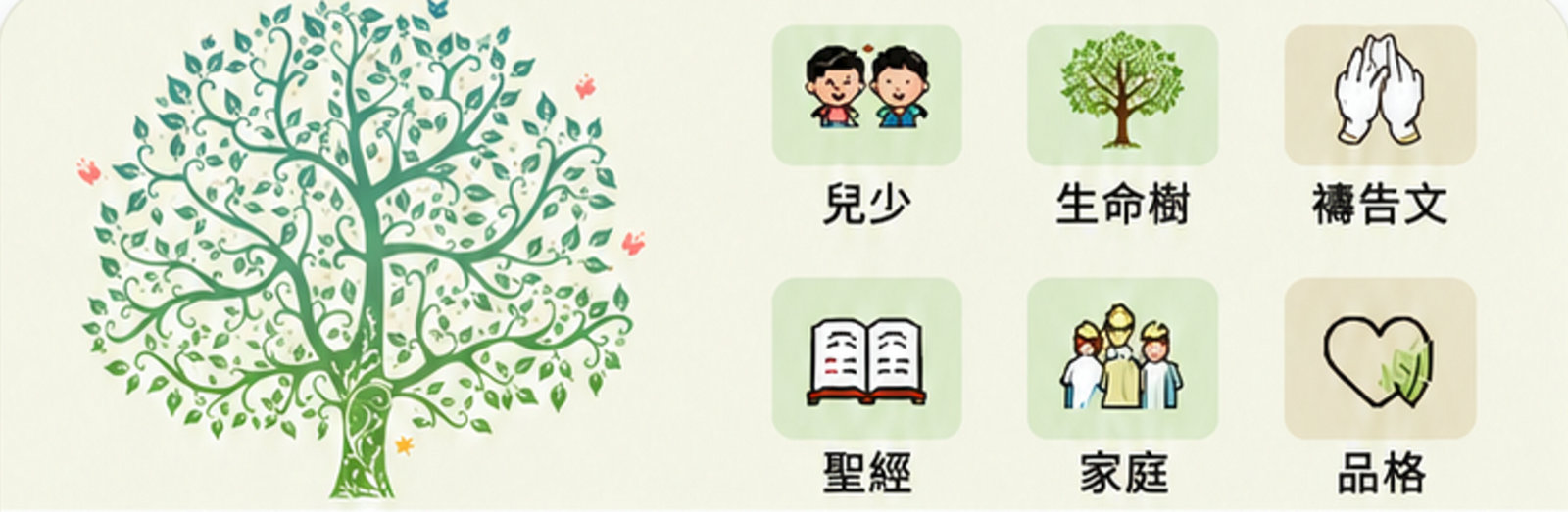 生命樹品格教材涵蓋兒少、生命樹、禱告文、聖經、家庭與品格六項核心圖示